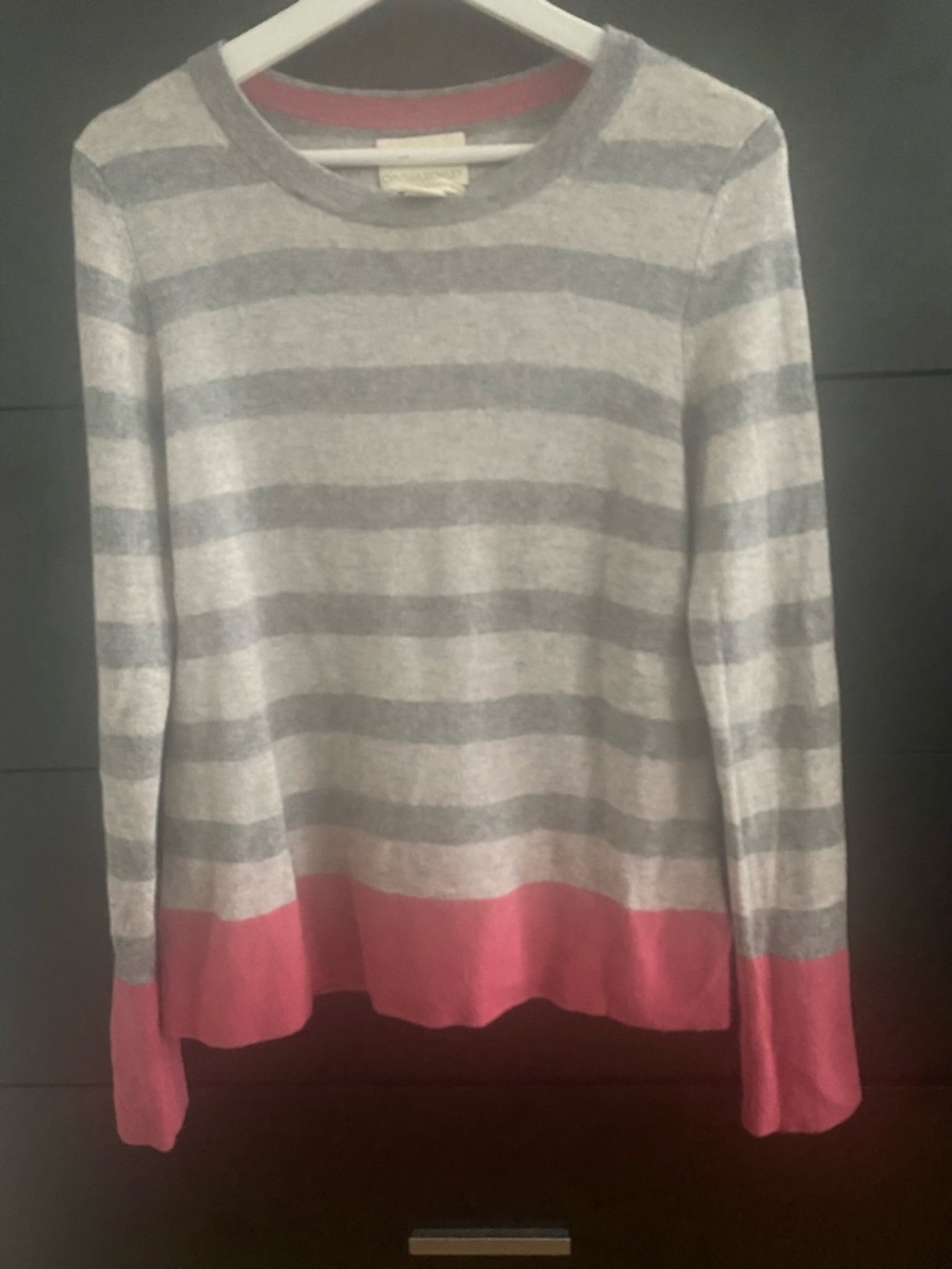 Cynthia Rowley Cashmere Gray Striped Crewneck Sweater with Pink Hem & Cuffs